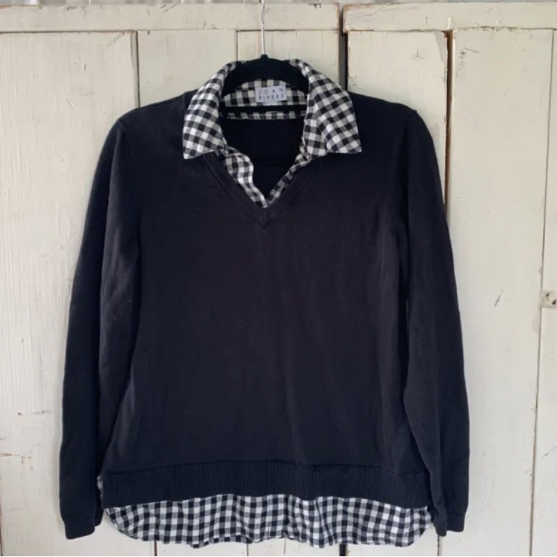 Joan Rivers Black Twofer Sweater Top Combo Size Small White Plaid Shirt 1-Piece